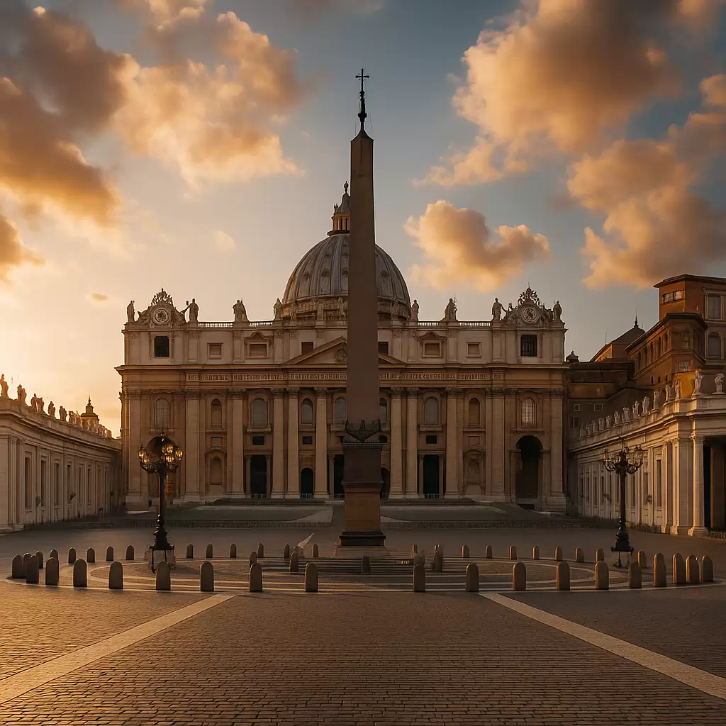 Basílica de São Pedro e Praça do Vaticano ao pôr do sol, vista panorâmica com céu dourado – imagem para post sobre visita guiada com a Civitatis